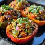 ['Close-up view of grilled stuffed peppers filled with colorful vegetables and chicken.', 'Juicy grilled stuffed peppers showcasing a vibrant filling of black beans and cauliflower rice.', 'Side view of deliciously grilled peppers bursting with flavor and a variety of ingredients.', 'Colorful stuffed peppers grilled to perfection, highlighting their juicy and appetizing filling.']