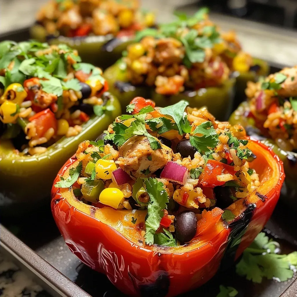 Close-up view of grilled stuffed peppers filled with colorful vegetables and chicken.