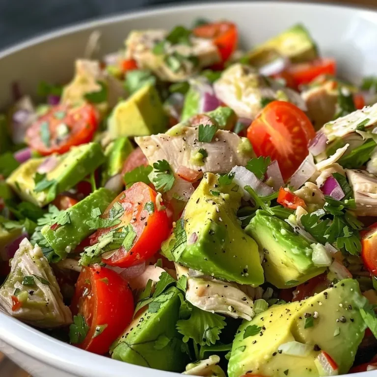 ['A close-up side view of a vibrant avocado chicken salad in a bowl, showcasing the fresh ingredients.', 'A colorful, healthy avocado chicken salad with diced chicken, avocados, and vegetables, captured from the side.', 'Side view of a delicious avocado chicken salad featuring diced ingredients, presented attractively in a bowl.', 'A visually appealing close-up of a chicken salad, highlighting ripe avocados and fresh veggies.']