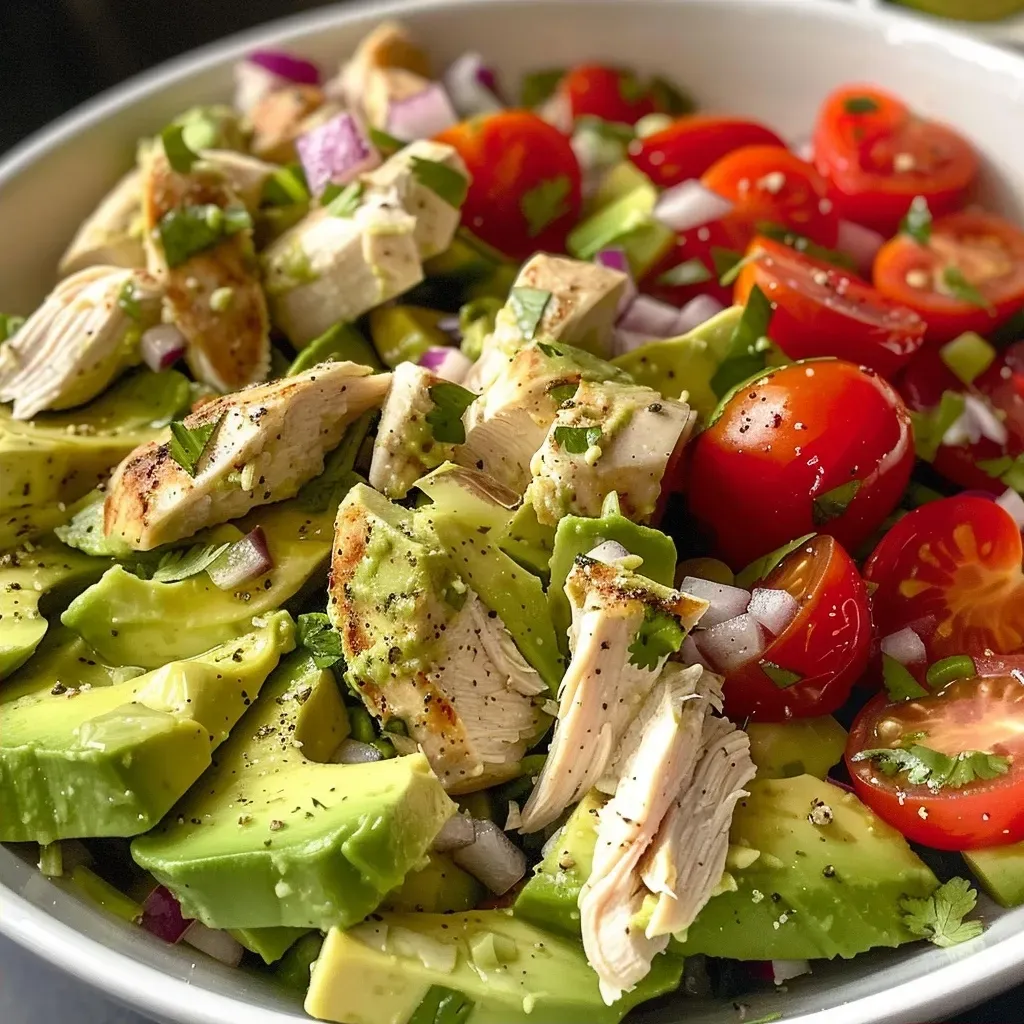 ['A close-up side view of a vibrant avocado chicken salad in a bowl, showcasing the fresh ingredients.', 'A colorful, healthy avocado chicken salad with diced chicken, avocados, and vegetables, captured from the side.', 'Side view of a delicious avocado chicken salad featuring diced ingredients, presented attractively in a bowl.', 'A visually appealing close-up of a chicken salad, highlighting ripe avocados and fresh veggies.']
