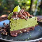 ['Close-up side view of a vibrant green avocado lime cheesecake with a glossy finish.', 'Healthy avocado lime cheesecake topped with fresh lime zest, showcasing a creamy texture.', 'Luscious slice of avocado lime cheesecake, featuring a crust made of nuts and coconut.', 'Side perspective of a decadent avocado lime cheesecake, highlighting its smooth green filling.']