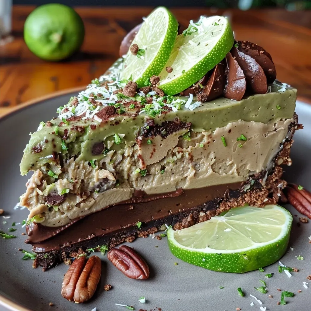 Close-up side view of a vibrant green avocado lime cheesecake with a glossy finish.