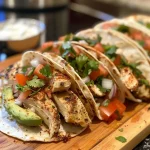 ['Close-up view of Healthy Baked Chicken Tacos filled with chicken, avocado, and vegetables.', 'Side view of juicy Healthy Baked Chicken Tacos showcasing vibrant ingredients.', 'Delicious Healthy Baked Chicken Tacos artfully arranged, highlighting fresh toppings.', 'A detailed shot of Healthy Baked Chicken Tacos, featuring diced tomatoes and cilantro.']