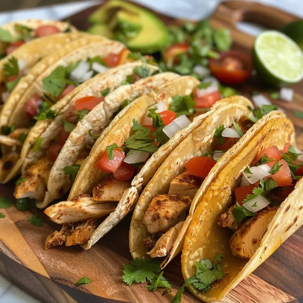 Close-up view of Healthy Baked Chicken Tacos filled with chicken, avocado, and vegetables.