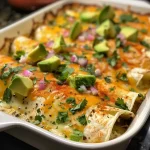 ['A close-up view of creamy chicken avocado enchiladas topped with cheese and cilantro.', 'Side view of healthy chicken avocado enchiladas garnished with fresh ingredients on a plate.', 'Juicy chicken and avocado enchiladas with melted cheese and colorful toppings.', 'Delicious healthy enchiladas filled with chicken and avocado, served with salsa verde.']