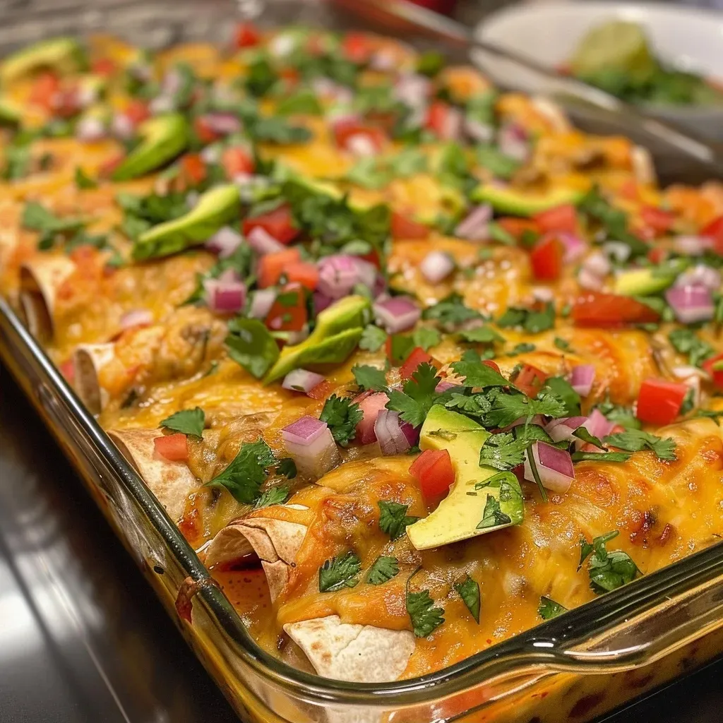 A close-up view of creamy chicken avocado enchiladas topped with cheese and cilantro.
