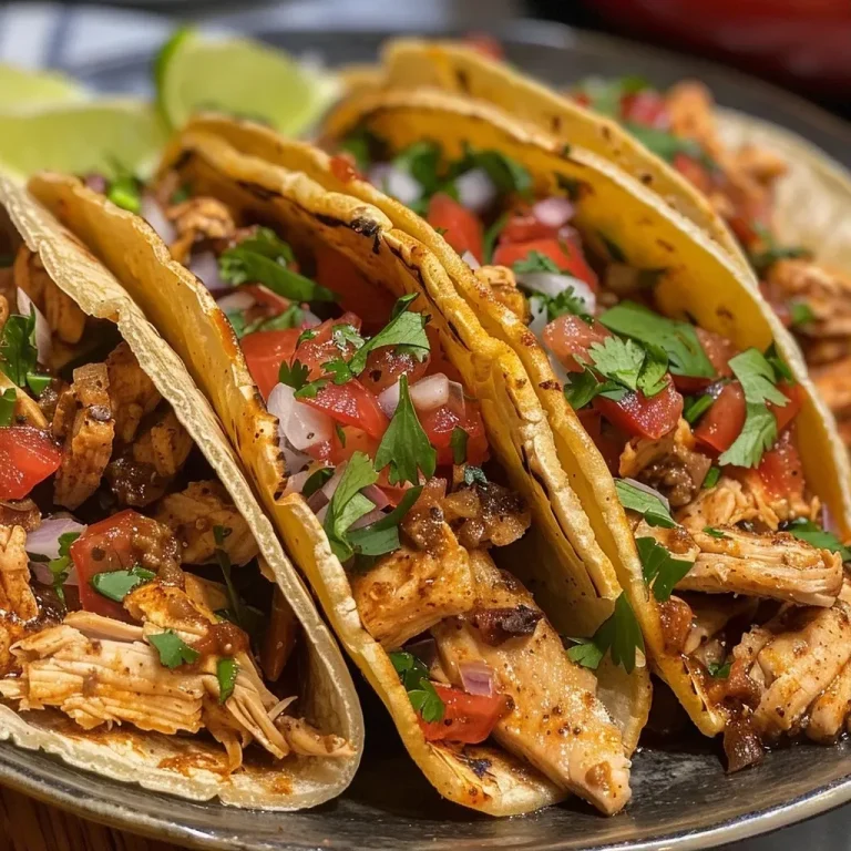 ['Close-up of Healthy Crockpot Chicken Tacos filled with shredded chicken and colorful toppings.', 'Side view of juicy Crockpot Chicken Tacos garnished with fresh ingredients.', 'A vibrant plate of Healthy Chicken Tacos showcasing toppings and salsa.', 'Delicious Healthy Crockpot Chicken Tacos presented with lime wedges and salsa.']