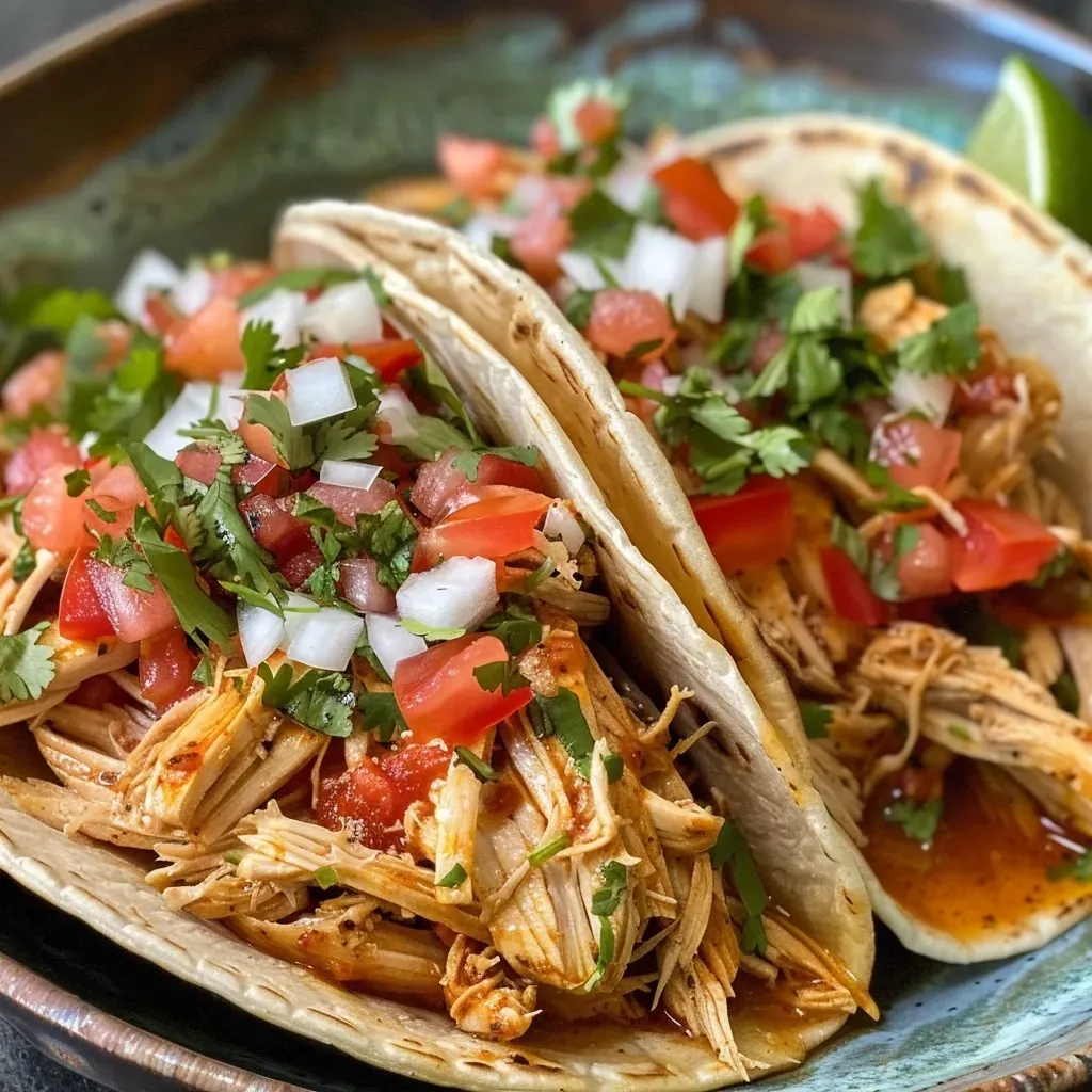 ['Close-up of Healthy Crockpot Chicken Tacos filled with shredded chicken and colorful toppings.', 'Side view of juicy Crockpot Chicken Tacos garnished with fresh ingredients.', 'A vibrant plate of Healthy Chicken Tacos showcasing toppings and salsa.', 'Delicious Healthy Crockpot Chicken Tacos presented with lime wedges and salsa.']
