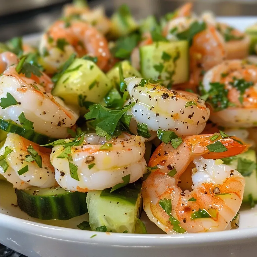 Close-up view of a Healthy Cucumber Shrimp Salad with vibrant colors.