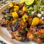 ['Close-up view of juicy grilled chicken breasts topped with vibrant mango salsa.', 'Side view of healthy honey lime chicken with colorful mango salsa drizzled on top.', 'Succulent chicken fillets garnished with fresh mango salsa and herbs.', 'Plate of honey lime chicken alongside a refreshing mango and red pepper salsa.']
