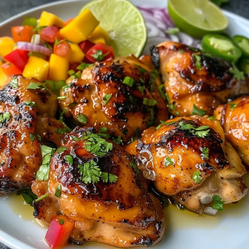 Close-up view of juicy grilled chicken breasts topped with vibrant mango salsa.