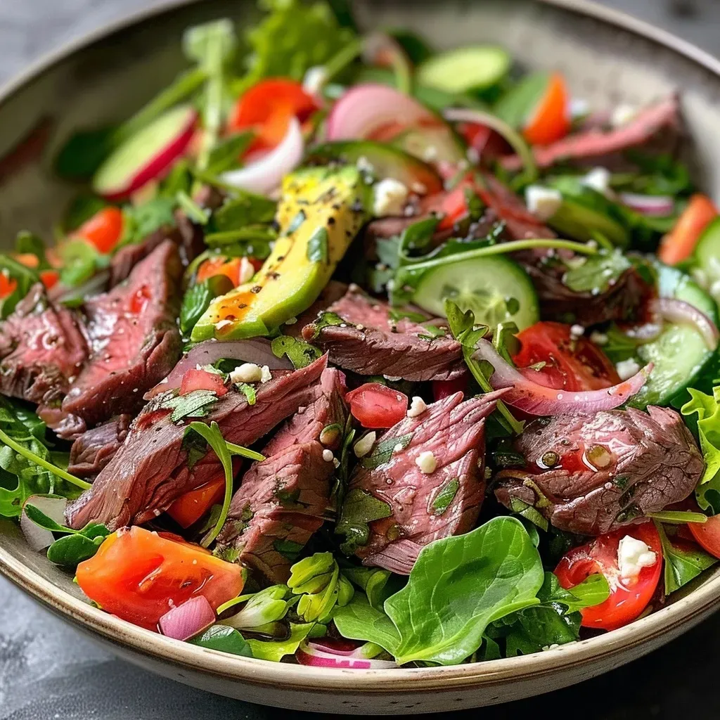 Close-up view of a colorful low-carb beef salad with vibrant vegetables and lean beef slices.