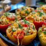 ['Juicy chicken stuffed bell peppers filled with ground chicken and vegetables.', 'Close-up of healthy stuffed peppers with melted cheese on top.', 'Colorful bell peppers stuffed with chicken, cauliflower rice, and spices.', 'Side view of baked stuffed peppers showcasing vibrant ingredients.']