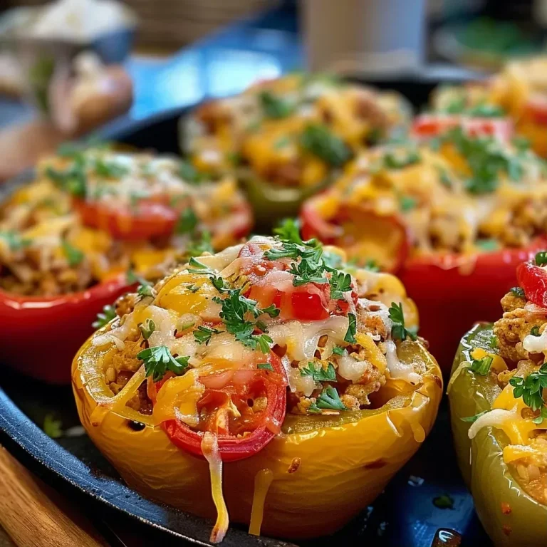 ['Juicy chicken stuffed bell peppers filled with ground chicken and vegetables.', 'Close-up of healthy stuffed peppers with melted cheese on top.', 'Colorful bell peppers stuffed with chicken, cauliflower rice, and spices.', 'Side view of baked stuffed peppers showcasing vibrant ingredients.']