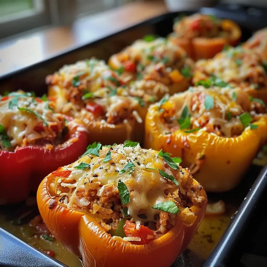 ['Juicy chicken stuffed bell peppers filled with ground chicken and vegetables.', 'Close-up of healthy stuffed peppers with melted cheese on top.', 'Colorful bell peppers stuffed with chicken, cauliflower rice, and spices.', 'Side view of baked stuffed peppers showcasing vibrant ingredients.']