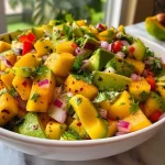['A vibrant mango salad featuring chopped mango, avocado, red peppers, onion, cucumber, and coriander.', 'Close-up of a colorful healthy mango salad with diced mango, avocado, and fresh vegetables.', 'A fresh mango salad displayed with bright red peppers, cucumbers, and a sprinkle of red chili flakes.', 'An appetizing view of a healthy mango salad, showing bright ingredients like mango, avocado, and coriander.']