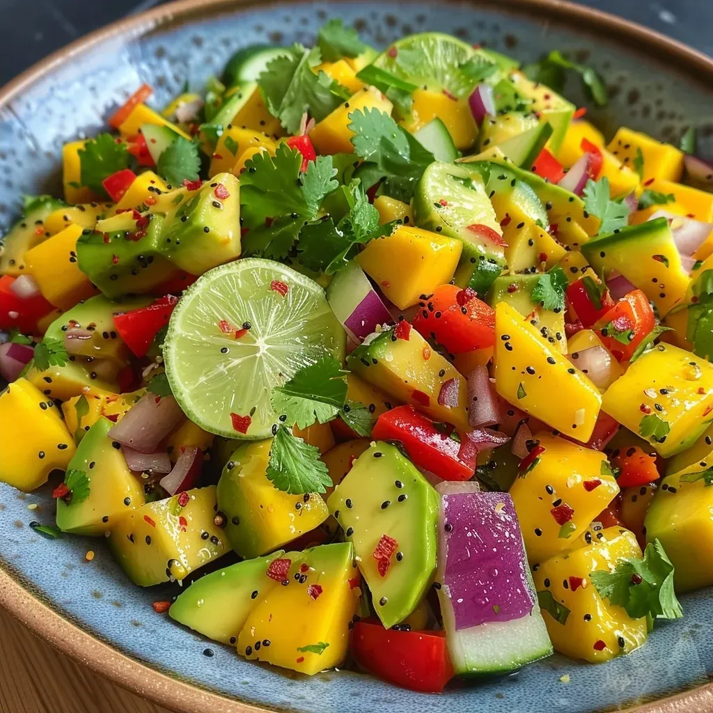 A vibrant mango salad featuring chopped mango, avocado, red peppers, onion, cucumber, and coriander.