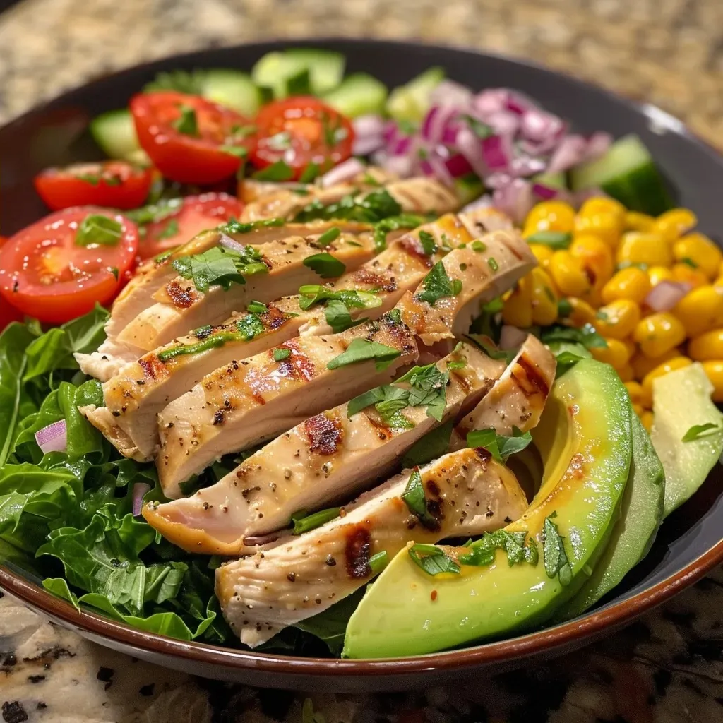 Close-up view of a colorful Healthy Ranch Chicken Salad with various fresh ingredients.