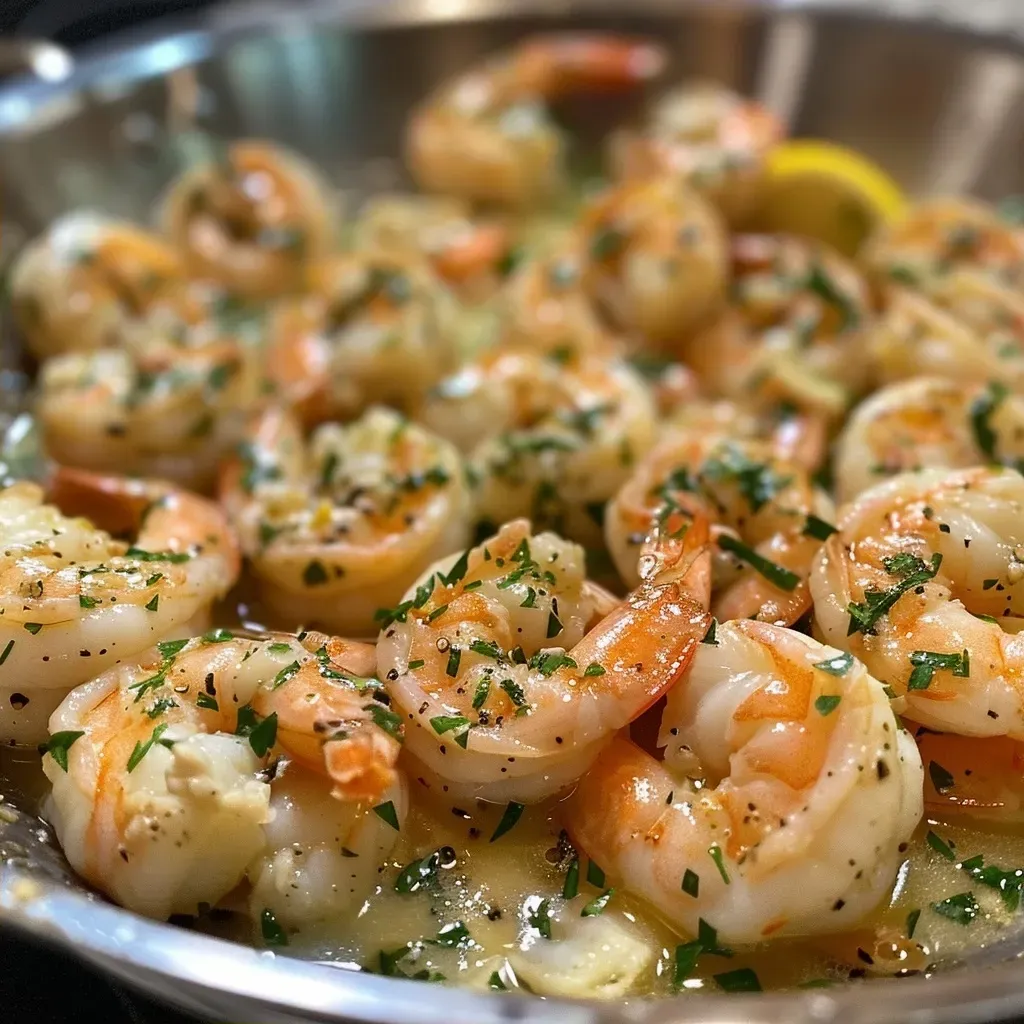 Close-up view of Healthy Shrimp Scampi with garlic and lemon.