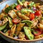 ['A close-up view of a creamy avocado pasta salad, featuring diced chicken and vibrant cherry tomatoes.', 'A healthy bowl of pasta salad with avocado, chicken, and fresh vegetables, taken from the side.', 'Juicy avocado pasta salad with colorful ingredients including cucumber and red onion, captured in detail.', 'High protein pasta salad showcasing creamy avocado mixed with diced chicken and herbs, viewed from the side.']