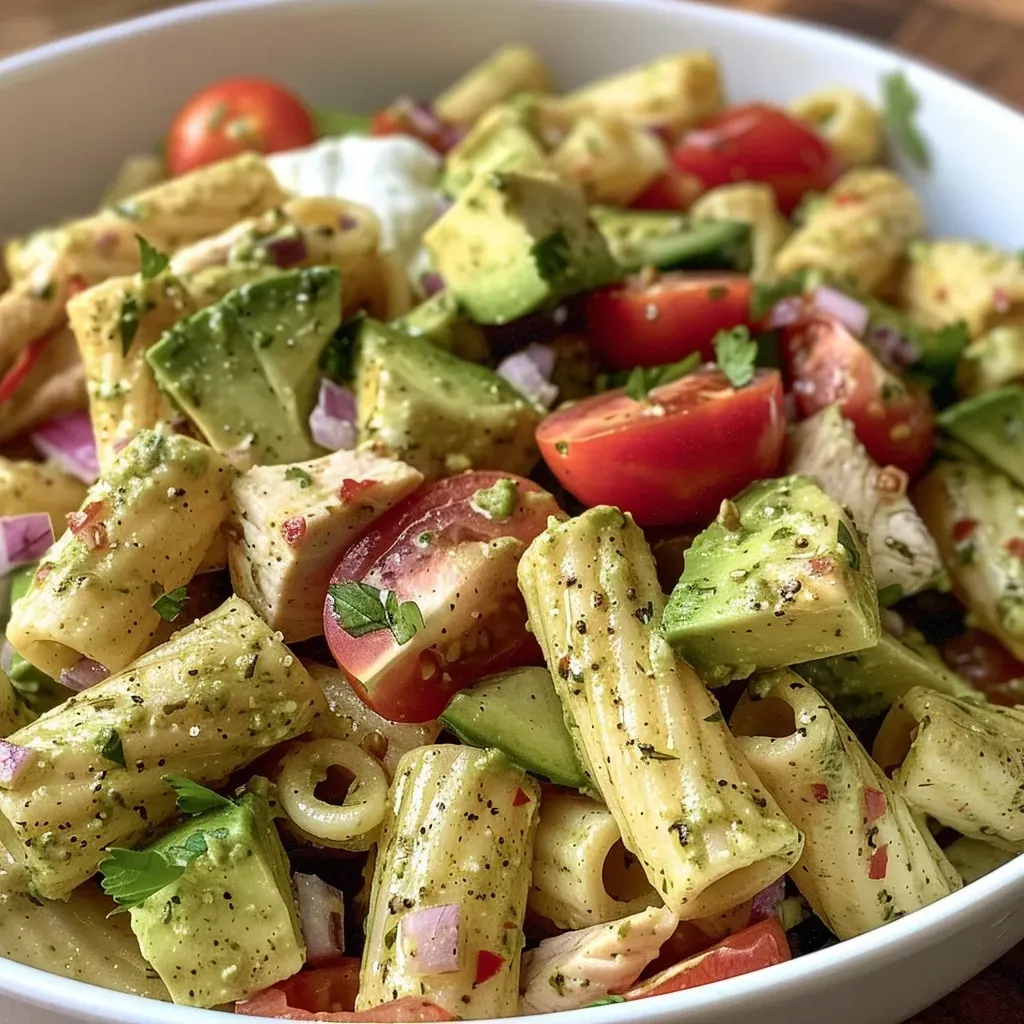A close-up view of a creamy avocado pasta salad, featuring diced chicken and vibrant cherry tomatoes.