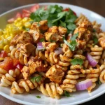 ['Close-up view of a high protein BBQ chicken pasta salad with vibrant ingredients.', 'Juicy BBQ chicken pasta salad displayed in a bowl, highlighting colorful vegetables and pasta.', 'Side view of a delicious pasta salad featuring BBQ chicken, corn, and cheddar cheese.', 'Detailed image of a high protein BBQ chicken pasta salad with fresh ingredients and dressing.']