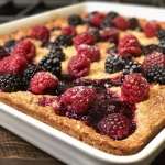 ['Close-up of a slice of high protein berry bake topped with fresh berries.', 'Side view of a golden-brown high protein berry bake with a textured surface.', 'Appetizing high protein berry bake featuring vibrant colors from mixed berries.', 'Deliciously moist high protein berry bake with cottage cheese and nutty almond flour.']