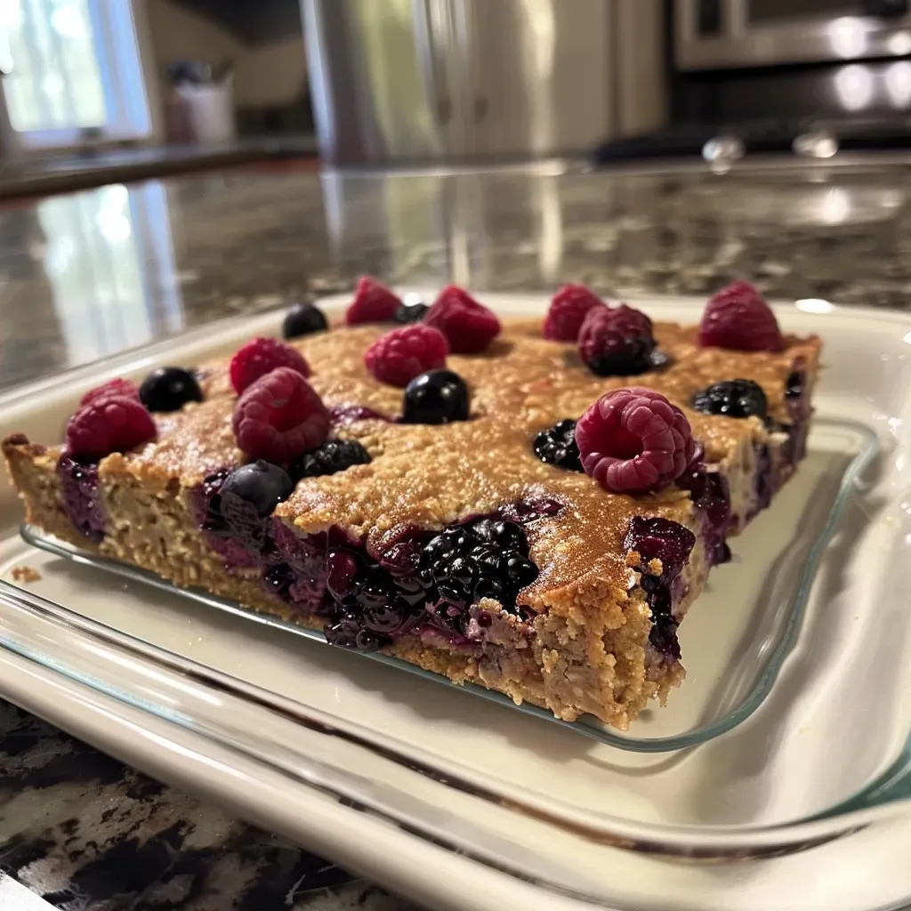 Close-up of a slice of high protein berry bake topped with fresh berries.