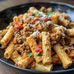 ['Close-up of creamy beef pasta topped with grated Parmesan and herbs.', 'Side view of a bowl filled with high-protein creamy beef pasta, showcasing its rich texture.', 'Juicy beef pasta dish with visible ingredients like ground beef and pasta, presented in a generous serving.', 'Appetizing close-up of a creamy beef pasta dish with a glossy finish and inviting colors.']