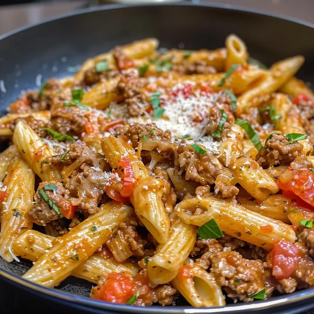 ['Close-up of creamy beef pasta topped with grated Parmesan and herbs.', 'Side view of a bowl filled with high-protein creamy beef pasta, showcasing its rich texture.', 'Juicy beef pasta dish with visible ingredients like ground beef and pasta, presented in a generous serving.', 'Appetizing close-up of a creamy beef pasta dish with a glossy finish and inviting colors.']