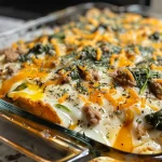 ['Close-up of a high protein ground turkey casserole topped with melted cheese and fresh spinach.', 'Juicy ground turkey casserole featuring a creamy texture and colorful bell peppers in a baking dish.', 'Side view of a savory ground turkey casserole, showcasing layers of cheese and spinach.', 'Deliciously baked ground turkey casserole with a golden cheese topping and a sprinkle of black pepper.']