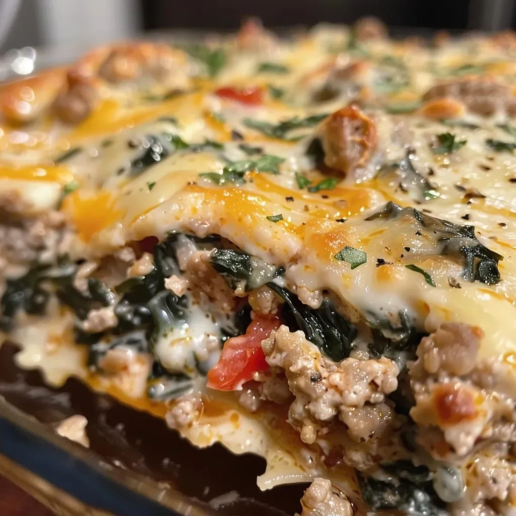 Close-up of a high protein ground turkey casserole topped with melted cheese and fresh spinach.