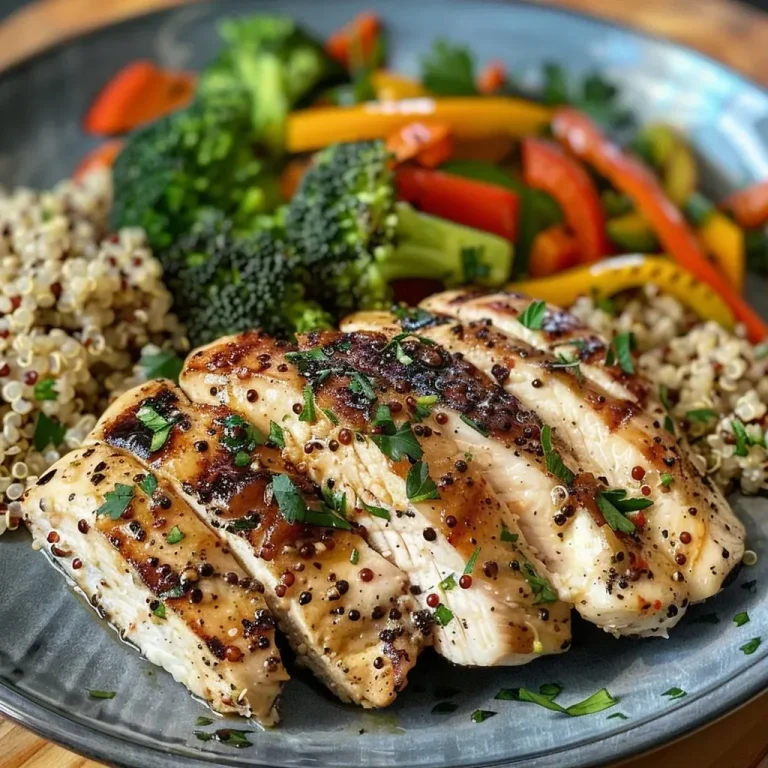 ['Close-up view of a high-protein meal featuring grilled chicken, quinoa, and mixed vegetables.', 'Side view of a colorful plate with grilled chicken, cooked quinoa, and sautéed vegetables.', 'Juicy chicken breasts served with quinoa and a mix of vibrant vegetables on a white plate.', 'A nutritious high-protein dish showcasing seasoned chicken, quinoa, and a variety of fresh vegetables.']