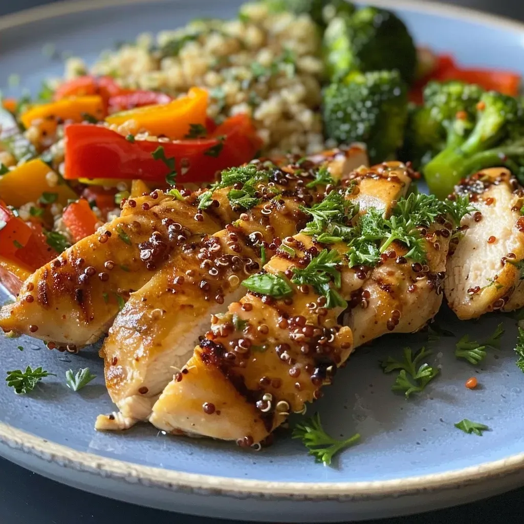 ['Close-up view of a high-protein meal featuring grilled chicken, quinoa, and mixed vegetables.', 'Side view of a colorful plate with grilled chicken, cooked quinoa, and sautéed vegetables.', 'Juicy chicken breasts served with quinoa and a mix of vibrant vegetables on a white plate.', 'A nutritious high-protein dish showcasing seasoned chicken, quinoa, and a variety of fresh vegetables.']