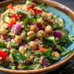 ['Close-up of a vibrant High Protein Quinoa Salad with colorful vegetables.', 'Side view of a healthy quinoa salad showcasing chickpeas and fresh greens.', 'Detailed shot of a nutritious quinoa salad filled with red onions and bell peppers.', 'Colorful High Protein Quinoa Salad featuring cucumber and parsley from a side angle.']