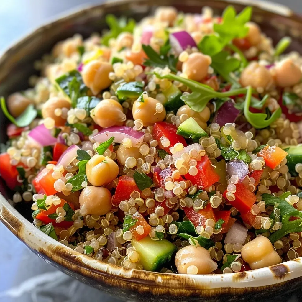 Close-up of a vibrant High Protein Quinoa Salad with colorful vegetables.