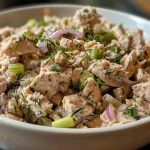 ['Close-up of a creamy tuna salad featuring Greek yogurt in a bowl, garnished with fresh dill.', 'Side view of a vibrant tuna salad made with Greek yogurt, celery, and red onion served in a dish.', 'Detailed shot of a healthy tuna salad with Greek yogurt and vegetables, displayed on a wooden surface.', 'Juicy high-protein tuna salad with Greek yogurt and fresh ingredients shown in a bowl.']