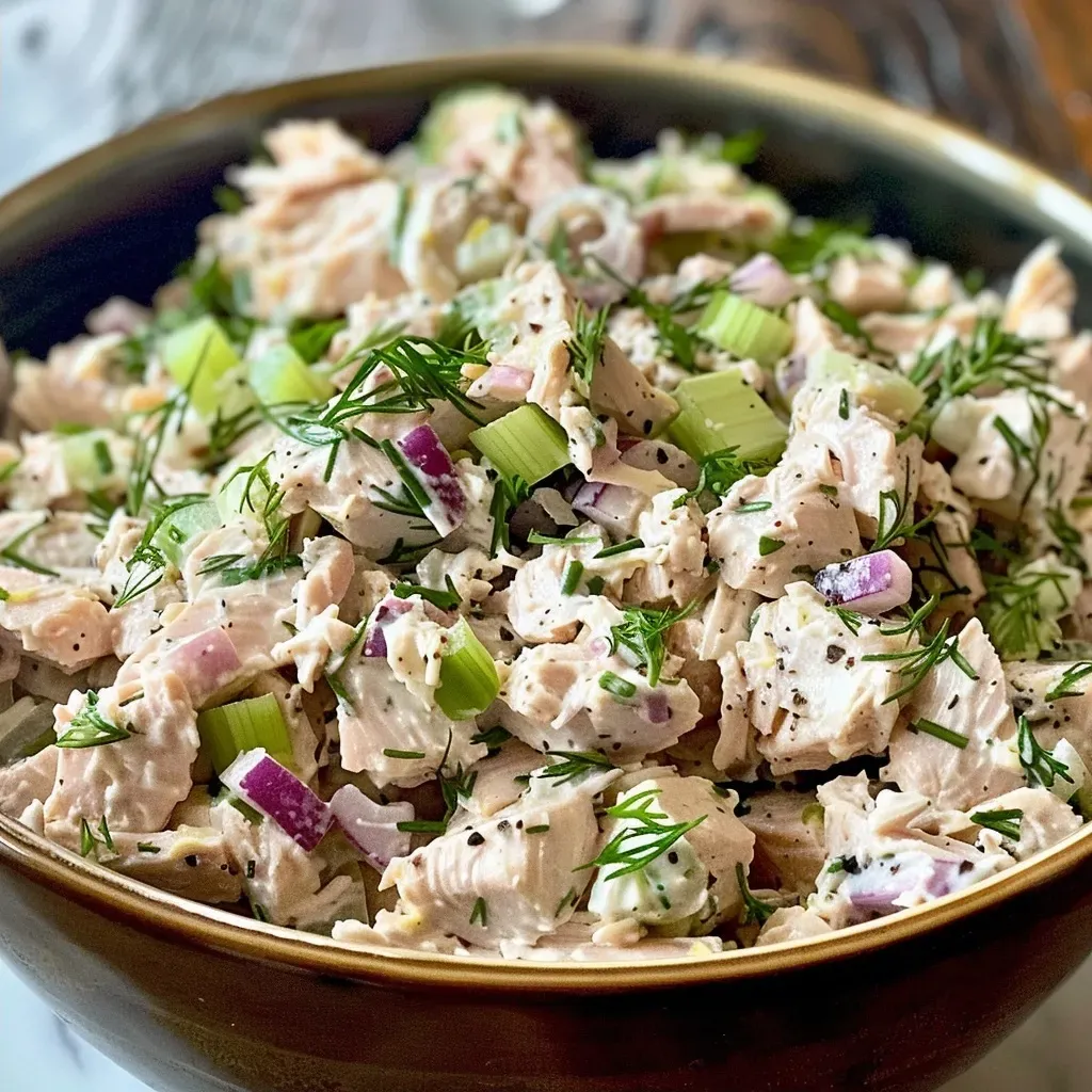 Close-up of a creamy tuna salad featuring Greek yogurt in a bowl, garnished with fresh dill.
