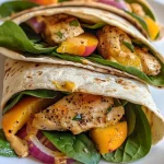 ['Juicy Chicken Peach Wrap with vibrant peach slices and spinach presented on a plate.', 'Close-up view of a Chicken Peach Wrap, showcasing the colorful ingredients including chicken, peaches, and red onion.', 'Side view of a fresh Chicken Peach Wrap, highlighting its layers of chicken, peaches, and greens.', 'A delicious Chicken Peach Wrap filled with sliced chicken, ripe peaches, and fresh spinach.']