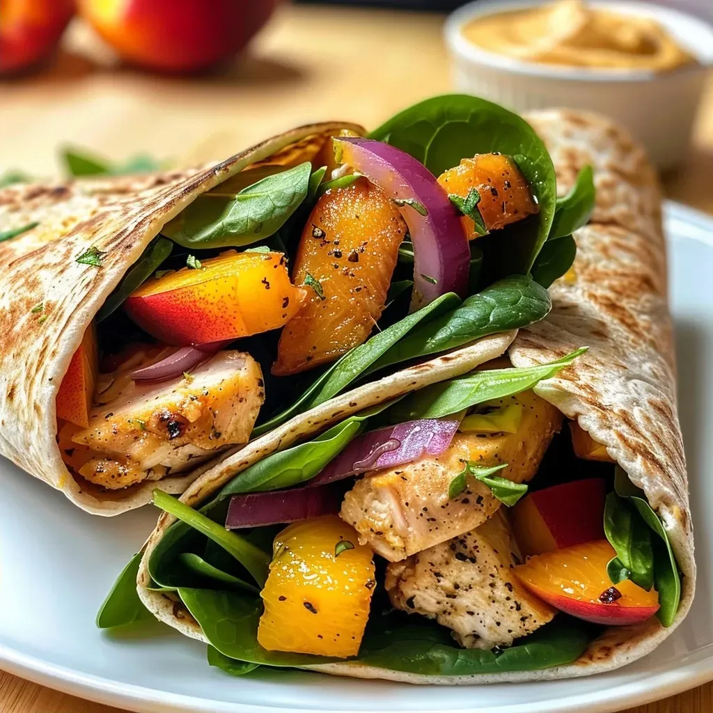 Juicy Chicken Peach Wrap with vibrant peach slices and spinach presented on a plate.
