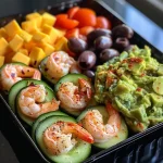 ['Close-up of a keto lunchbox filled with shrimp, avocado, cheese, cucumbers, and olives.', 'Side view of a colorful keto lunchbox containing shrimp, guacamole, and cheese cubes.', 'Vibrant lunchbox featuring sliced cucumbers, olives, shrimp, and cheese, emphasizing keto ingredients.', 'Detailed view of a keto lunchbox showcasing pre-cooked shrimp, guacamole, and assorted snacks.']