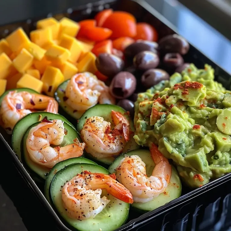 ['Close-up of a keto lunchbox filled with shrimp, avocado, cheese, cucumbers, and olives.', 'Side view of a colorful keto lunchbox containing shrimp, guacamole, and cheese cubes.', 'Vibrant lunchbox featuring sliced cucumbers, olives, shrimp, and cheese, emphasizing keto ingredients.', 'Detailed view of a keto lunchbox showcasing pre-cooked shrimp, guacamole, and assorted snacks.']