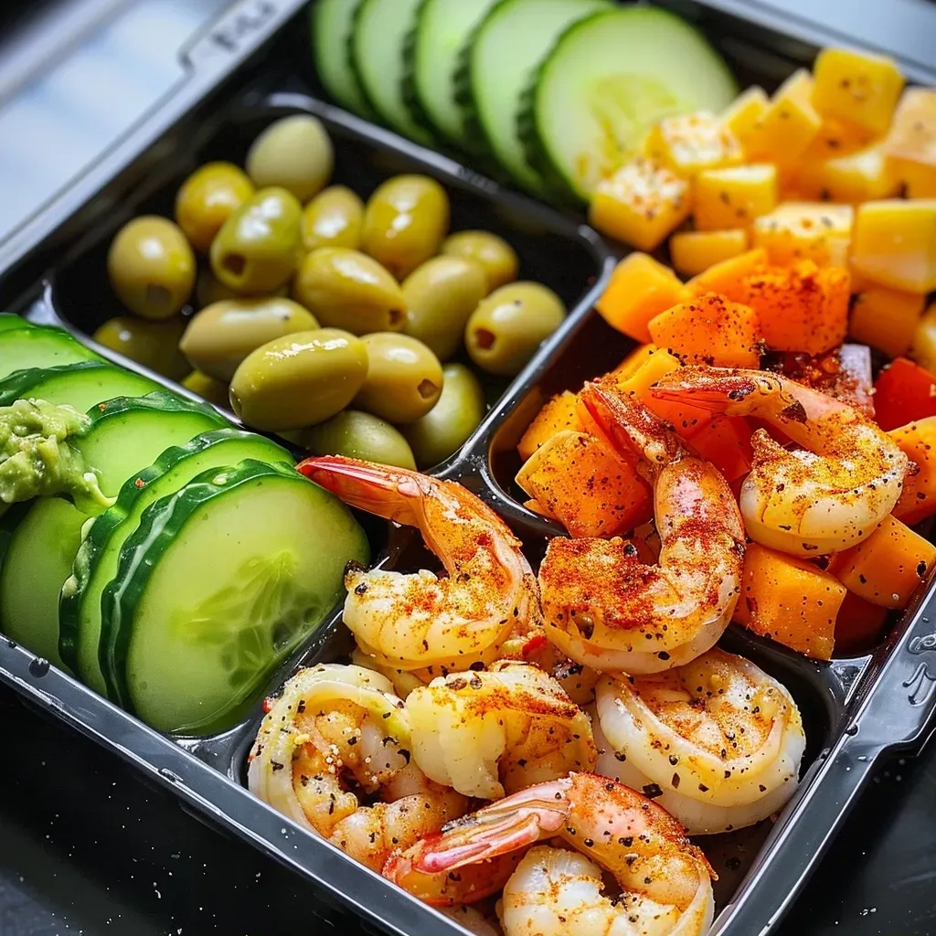 Close-up of a keto lunchbox filled with shrimp, avocado, cheese, cucumbers, and olives.