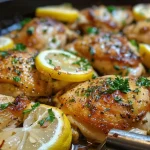 ['Close-up of juicy lemon-garlic pan-seared chicken breast on a white plate.', 'Side view of perfectly cooked lemon-garlic chicken garnished with parsley.', 'Close-up of a golden-brown chicken breast drizzled with lemon sauce.', 'Juicy lemon-garlic chicken breast served with fresh parsley on a plate.']