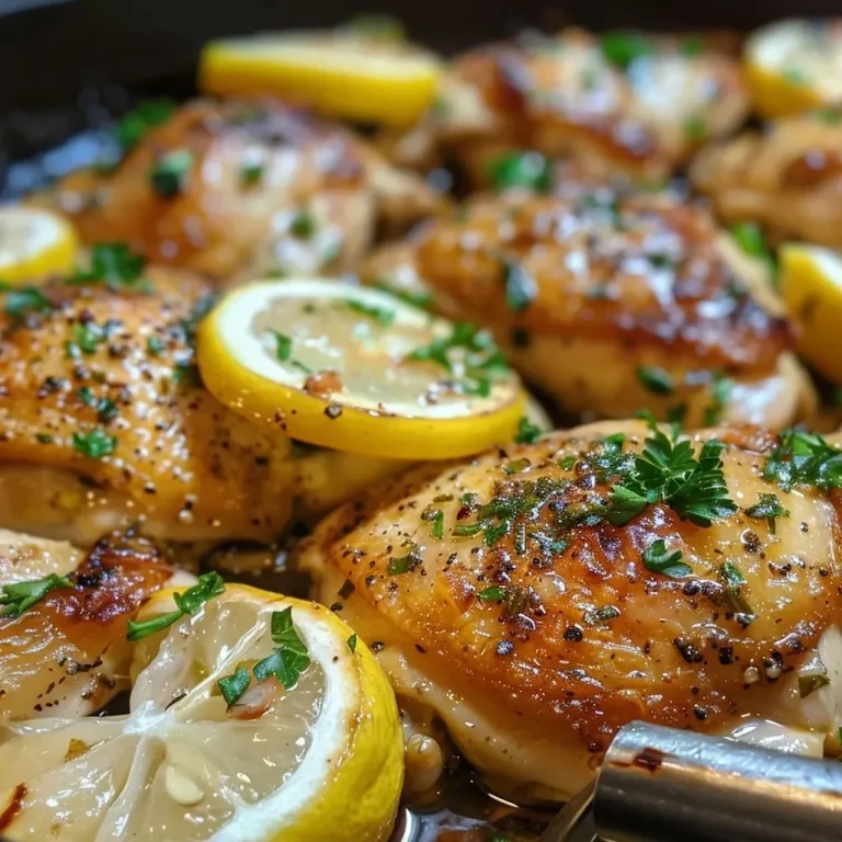 ['Close-up of juicy lemon-garlic pan-seared chicken breast on a white plate.', 'Side view of perfectly cooked lemon-garlic chicken garnished with parsley.', 'Close-up of a golden-brown chicken breast drizzled with lemon sauce.', 'Juicy lemon-garlic chicken breast served with fresh parsley on a plate.']