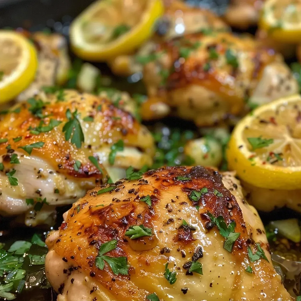 Close-up of juicy lemon-garlic pan-seared chicken breast on a white plate.