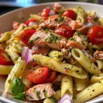 ['A close-up view of Lemon Salmon Pasta Salad featuring penne, cherry tomatoes, and salmon.', 'Side view of a vibrant Lemon Salmon Pasta Salad with fresh ingredients and a lemon wedge.', 'Juicy Lemon Salmon Pasta Salad displayed in a bowl, showing colorful mixed ingredients.', 'A detailed shot of Lemon Salmon Pasta Salad showcasing vegetables, salmon, and pasta.']