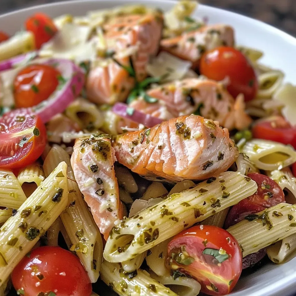 A close-up view of Lemon Salmon Pasta Salad featuring penne, cherry tomatoes, and salmon.