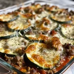 ['Close-up view of a low-carb ground beef zucchini bake with melted cheese.', 'Side view of a delicious ground beef and zucchini casserole in a baking dish.', 'Juicy ground beef zucchini bake topped with gooey mozzarella cheese.', 'Colorful ingredients of a low-carb zucchini bake featuring ground beef and fresh vegetables.']