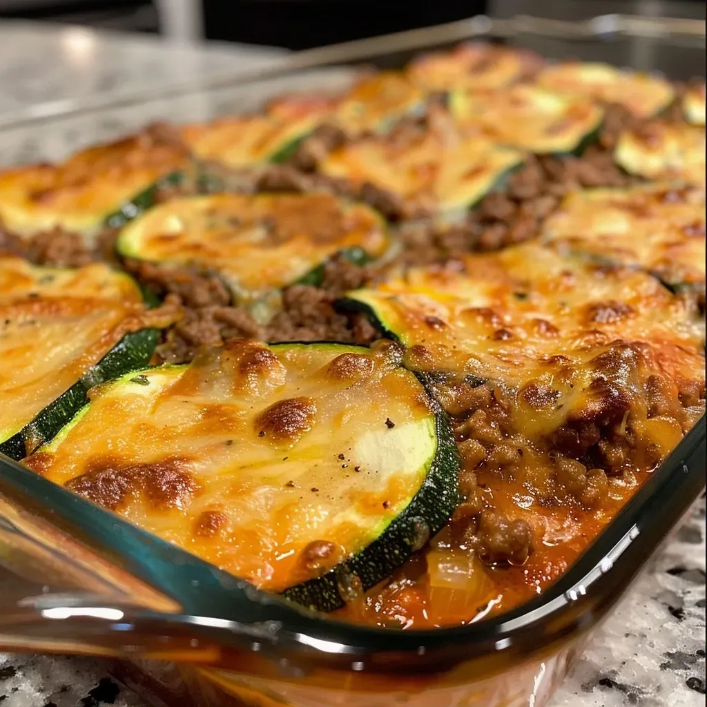 ['Close-up view of a low-carb ground beef zucchini bake with melted cheese.', 'Side view of a delicious ground beef and zucchini casserole in a baking dish.', 'Juicy ground beef zucchini bake topped with gooey mozzarella cheese.', 'Colorful ingredients of a low-carb zucchini bake featuring ground beef and fresh vegetables.']